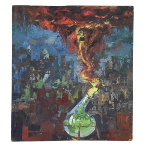 Signed Abstract Painting on Board: Signed Abstract Painting on Board. Depicting a stylized vase or laboratory flask with vibrant fiery plume rising from it, against a city landscape background.Measures 16.5 inches x 15 inches.