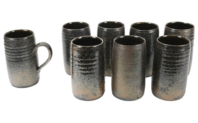 8 Vintage Art Pottery Salt Pottery Mugs w Handles: 8 Vintage Art Pottery Salt Pottery Mugs w Handles. Measures 6 inches x 6 inches.