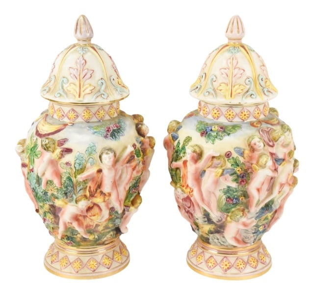 Pair Capodimonte Style Porcelain Lidded Urn: Pair Capodimonte Style Porcelain Lidded Urn. Measures 15.5 inches x 9 inches x 9 inches.