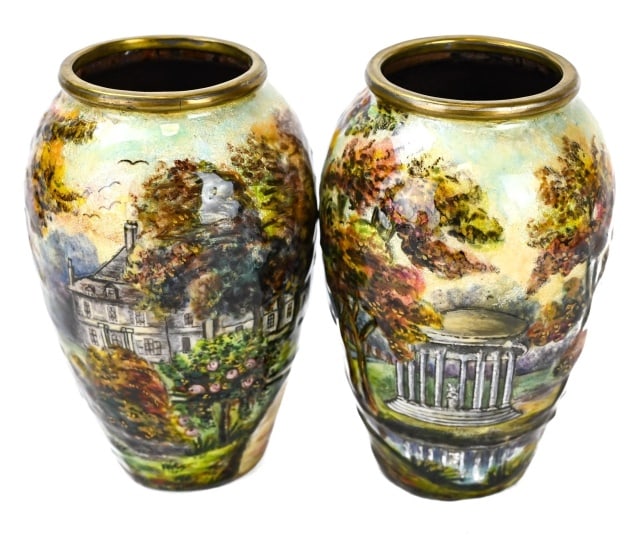 2 Gamet France Hand Painted Enamel on Copper Vases: Pair Antique 19th Century Gamet France Hand Painted Enamel on Copper Vases.Each measures 5.5 inches x 3.75 inches.