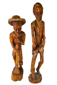 2 Haitian Folk Art Hand Carved 28" Statues of Men