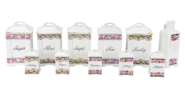 Antique Czecho Victorya Porcelain Canisters: Antique Czecho Victorya Porcelain Kitchen Canisters in a Variety of Sizes. Larger measures 9 inches x 5 inches.