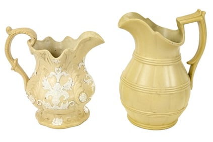 2 Antique English Caneware Pottery Pitchers