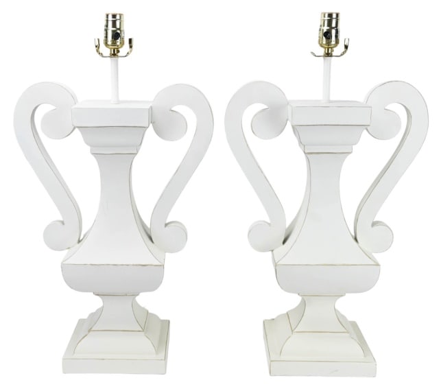 Pair Contemporary Carved White Wood Urn Form Lamps (1 of 10)
