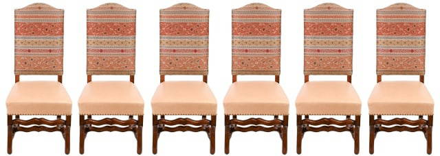4 French Louis XIV Carved Upholstered Side Chairs: 6 French Louis XIV Style Hand Carved Custom Upholstered Side Chairs with Nail Head Trim.Measures 44 inches x 20 inches x 22 inches seat height 19 inches.