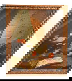 AJ Van Eybergen Signed Oil Painting Still Life: AJ Van Eybergen, Dutch 1888 - 1966, Signed Oil Painting on Canvas Still Life. There is a dent in the canvas as seen in photos. Sold as is. In period frame. Framed measures 27 inches x 23 inches, art m