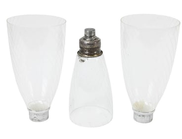 3 Antique Etched Glass & Silver Candle Hurricanes