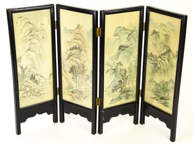 Chinese Carved & Painted Silk 4 Panel Table Screen