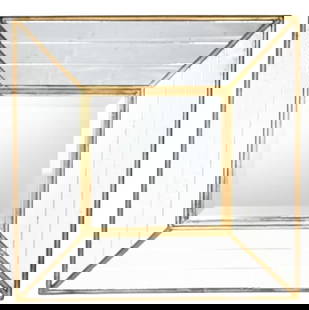 Contemporary Mirrored Cushion Beveled Wall Mirror: Contemporary Mirrored Cushion Beveled Wall Mirror with Antiqued Frame. Measures 20 inches x 19 inches.
