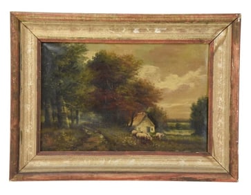 Antique 19th C Oil Painting Pastoral Scene Grazing