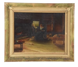 Antique 19th C Oil Painting Woman Weaving by Fire