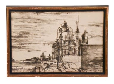 Robert Davison Signed 1956 Pen Drawing of Venice