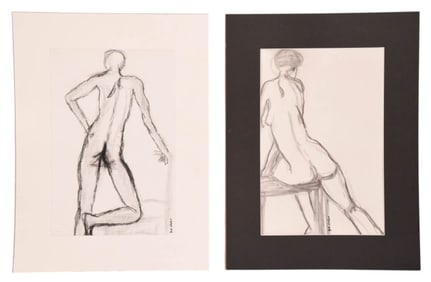 Pair Signed and Dated Charcoal Nude Drawings