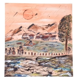 Mid Century Ink and Watercolor Landscape Painting
