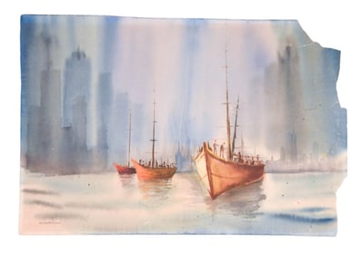 Pierre Maxim Signed Watercolor Painting NYC River