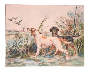 Signed B.Kepner Hunting Hounds Watercolor Painting