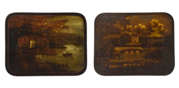 Pair Antique Hand Painted Lacquer Fireplace Panels