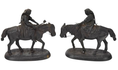 Pair Vintage Bronze Table Statues Peasants Horses