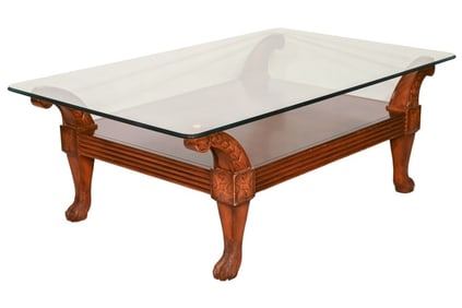 Art Deco Hand Carved Glass Top Coffee Table