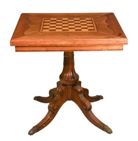 Italian Marquetry Inlaid Game Table w Brass Inlay
