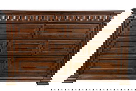 Haverty Breckenridge Dresser: Haverty Breckenridge Dresser. Dresser has modern twist with a distressed, dark brown finish and bronze bar drawer pulls.Measures 42 inches x 70 inches x 19 inches.