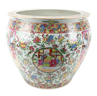 Large Chinese Rose Medallion Porcelain Fish Bowl: Large Chinese Rose Medallion Hand Painted Porcelain Fish Bowl with Koi Painting Inside From Beijing. Measures 18 inches x 20 inches x 20 inches.