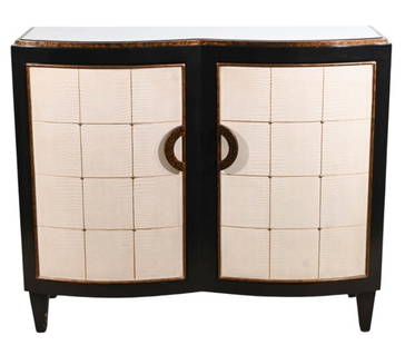 Art Deco Style Painted Faux Leather Sideboard: Art Deco Style Painted Faux Leather Vanilla Beige Color Door with Gold Leaf Sideboard.Measures 41 inches x 48 inches x 16 inches.