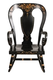 Vintage Carved Black Lacquer & Gilt Rocking Chair
