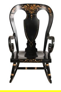 Vintage Carved Black Lacquer & Gilt Rocking Chair: Vintage Hand Carved Black Lacquer and Gilt Rocking Chair.Measures 38 inches x 24 inches x 30 inches seat height 15