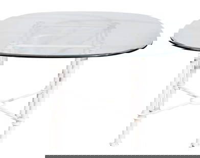 Modern Beveled Glass Top Table w/ Metal Base: Modern Beveled Glass Top Table with Metal BaseMeasures 30 inches x 48 inches x 48 inches.