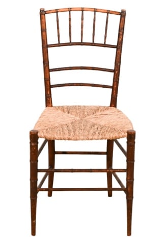 English Faux Bamboo and Rush Seat Side Chair: English Faux Bamboo and Rush Seat Side Chair.Measures 32 inches x 16 inches x 15 inches seat height 17 inches.
