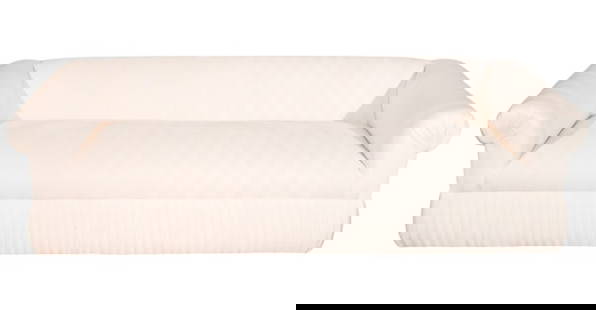 Modern Custom Upholstered Silk and Linen Sofa: Modern Custom Upholstered Silk and Linen Sofa.Measures 25 inches x 88 inches x 38 inches seat height 18 inches.