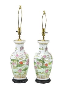 Pair Chinese Hand Painted Porcelain Vase Form Lamp