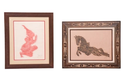 Pair Signed Thailand Temple Rubbings Framed