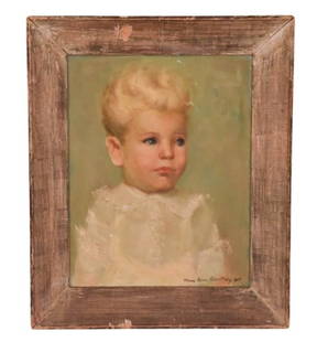 Mary Rose Anthony Portrait Painting of Young Boy: Mary Rose Anthony Mid C Portrait Oil Painting. Mid century oil painting portrait of a boy, signed Mary Rose Anthony and dated 1941. Framed measures 23.5 inches x 19.5 inches. There is a tear in the ca