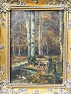 Antique 19th C Oil Painting Cattle Herding Forest: Antique 19th Century Oil Painting of Cattle Herding Through Birch Trees In Period Frame. Painting measures 11.5 inches high x 8.5 inches wide. Frame measures 15.5 inches x 12 inches. There is paint lo
