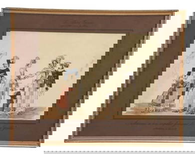 Louis-Marie Lante Early 19th C French Watercolor: Louis-Marie Lante Early 19th Century French Hand Colored Engraving Titled Aumone a Un Enfant Jouant de la Flute. Framed with titles on mat measures 13 inches x 17 inches.