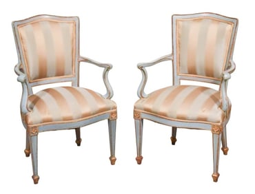 Pair Louis XV Carved Light Blue & Gilt Arm Chairs