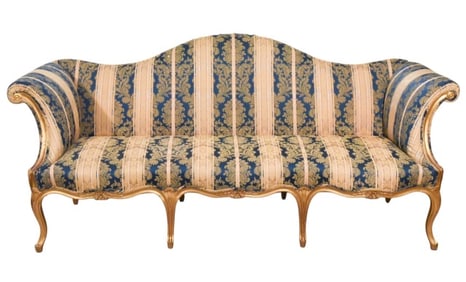 Regency Style Upholstered Camelback Gilt Sofa