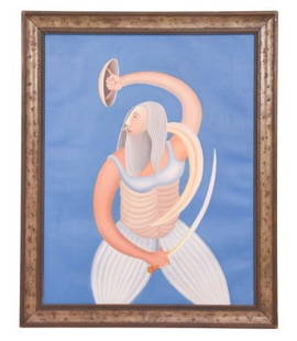 Manjit Bawa Untitled Acrylic Painting Sikh Warrior: Manjit Bawa Untitled Acrylic Painting of Sikh Warrior on Canvas Dated 1996. Framed measures 24 inches x 20 inches, art measures 16 inches x 21 inches. Any condition statement is given as a courtesy an