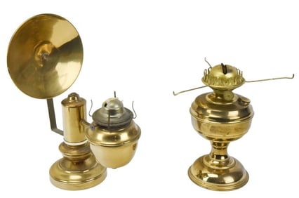 2 Antique Brass Oil Burning Lamp Bases