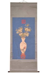 After Lang Shining Chinese Scroll Painting Vase: After Lang Shining Chinese Scroll Watercolor Painting of Vase with Flowers Measures 27 inches x 69 inches.