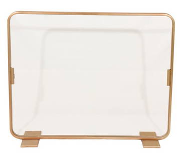 Modernist Glass & Brass Fireplace Panel Screen: Modernist Glass & Brass Footed Fireplace Panel Screen. Measures 31 inches x 38 inches x 10 inches.