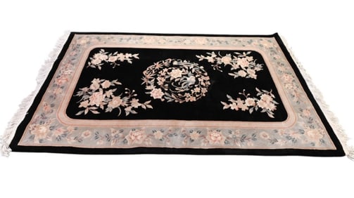 Black and Ivory Floral Oriental Wool Carpet