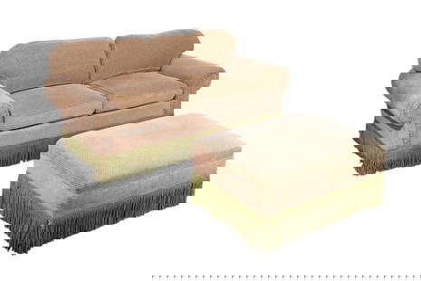 Hickory Green Upholstered Sofa and Ottoman: Hickory Custom Green Upholstered Sofa and Ottoman with Fringe Details.Ottoman measures 19 inches x 38 inches x 28 inches. Sofa measures 34 inches x 78 inches x 28 inches.