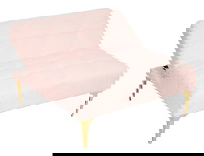 Modern Convertible Futon Tufted Seat / Ottoman: Modern Convertible Pink Upholstered Futon Tufted Love Seat / Ottoman with Brass Legs.Measures 14 inches x 38 inches x 35 inches