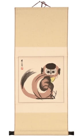 After Han Meilin Chinese Scroll Painting of Monkey: After Han Meilin Chinese Scroll Painting of Monkey. Measures 37 inches x 15 inches.