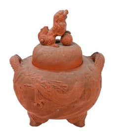 Chinese Terra Cotta Urn w Foo Dog & Dragon Motif