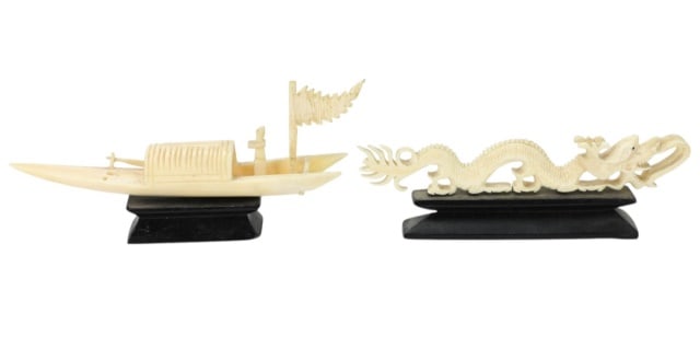 Chinese Carved Bone Statues of Dragon and Boat: Chinese Miniature Carved Bone Statues of Dragon & Sampan Boat. Dragon measures 1.25 inches x 5 inches.