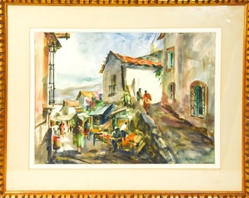 Signed Watercolor Painting of Mountain Village